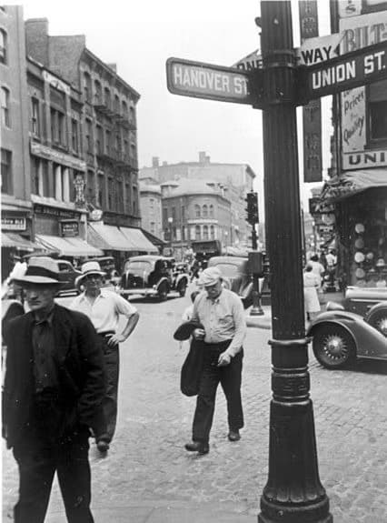 Hanover and Union Streets, Boston North End, mid-20th century street corner.